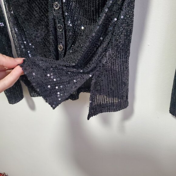 FREE PEOPLE Sequin Shirtee Button Up Blouse Top Ruched Sheer Black Women's Large - Picture 7 of 12